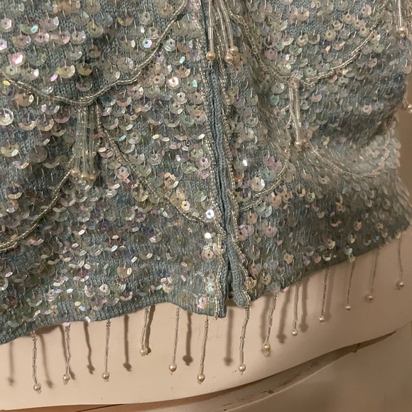 NEW blue sequins sparkly beaded zip up sleeveless dressy top vest jacket Vintage - Picture 10 of 11